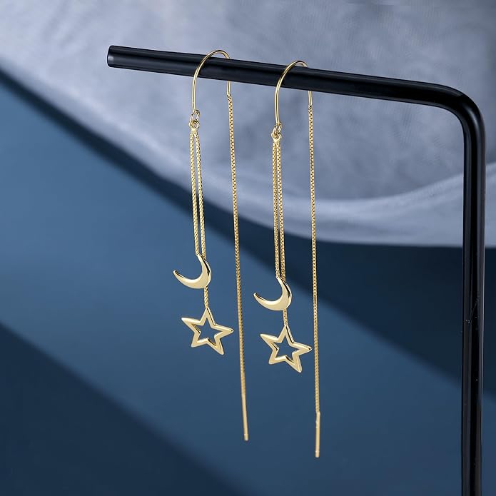 Reffeer Solid 925 Sterling Silver Moon Star Threader Dangle Earrings Chain for Women Teens Long Dangle Earrings Tassel Chain