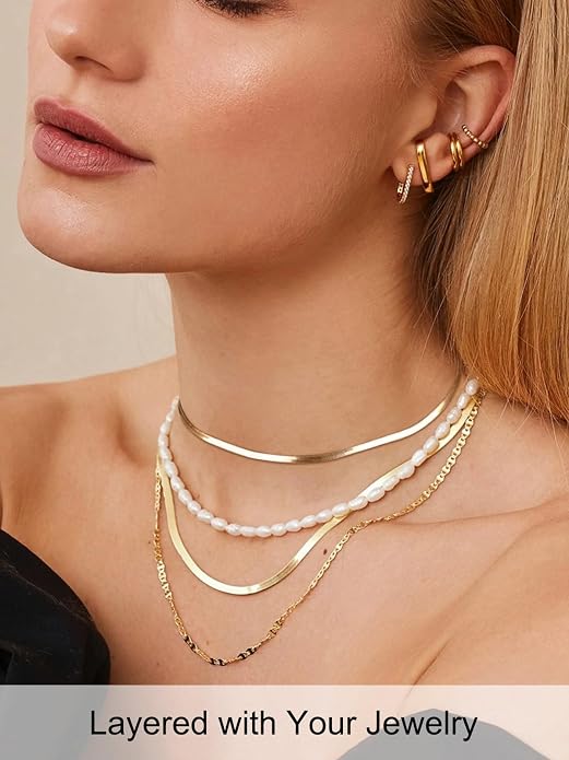 FOCALOOK 14K Gold Plated Necklaces for Women, Fashion Herringbone Choker Necklace Stainless Steel Flat Snake Chain 3/5MM(W) 12.5"/15"/18"+3.5"(L)