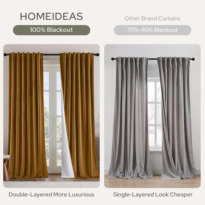 HOMEIDEAS 100% Blackout Gold Velvet Curtains, Thermal Insulated Luxury Vintage Winter Christmas Velvet Drapes for Bedroom, Living Room, Home Decor, 52 x 84 Inch, 2 Panels
