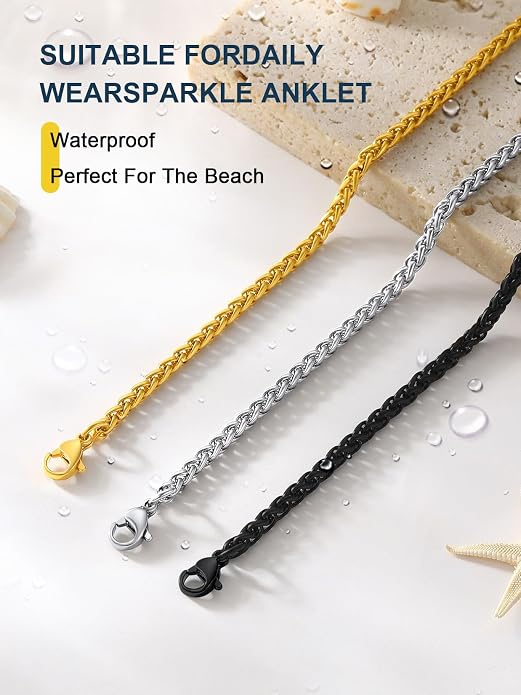 ChainsPro Resizable Anklet Chain for Women Men, Figaro/Wheat/Twist Rope/Cuban Foot Bracelet-Strong with Good Clasp-18K Gold Plated(Send Gift Box)