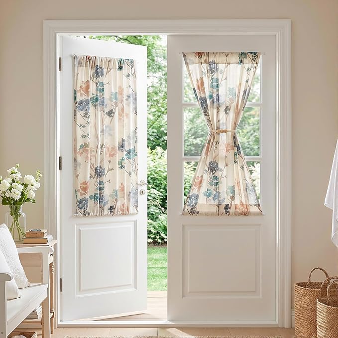 MYSKY HOME Floral Linen French Door Curtains 40 inch Long 2 Panels for Front Door Light Filtering Privacy Semi Sheer Window Curtains with Rod Pocket, Brown, 24" W Each Panel