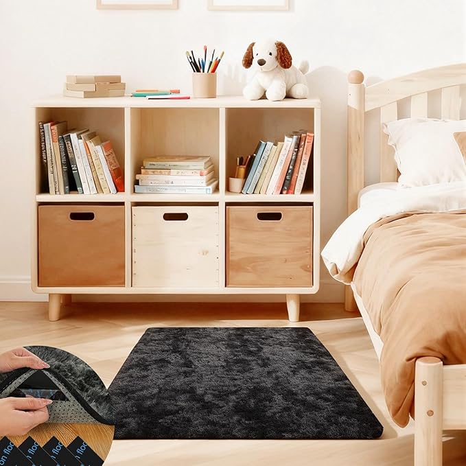 2x3 Rugs for Bedroom, Fluffy Area Rugs for Living Room, Small Fuzzy Shag Soft Carpet with 4 Non-Slip Adhesive Strips for Kids Boys and Girls Nursery Dorm Decor (2ft X 3ft, Tie-Dyed Black Grey)