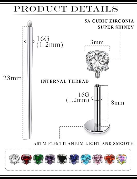20G 18G 16G Astm F136 Titanium Internal Thread Flat Back Earrings Nose Studs Tragus Helix Conch Cartilage Lobe Earrings Medusa Labret Snake Bite Monroe Lip Ring Piercing Jewelry For Women Men