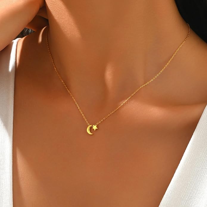 925 Sterling Silver Crescent Necklace for Women, Dainty Moon Star Choker Chain Necklace to Daughter Mother, 14k Gold Plated Moon and Star Charm Pendant Necklaces Jewelry Gift for Birthday Mother's Day