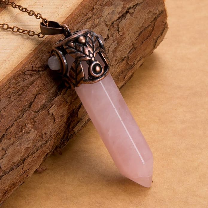 Bivei Retro Antique Brass Chakra Necklace Hexagonal Prism Gemstone Quartz Crystal Stone Healing Pendant (Pack of 5)