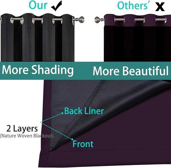 Yakamok Dark Purple 100% Blackout Curtains 96 Inches Long 52" Wide 2 Panels | Blackout Curtain Panels for Bedroom, 2 Thick Layers Grommet Top Thermal Insulated Drapes with Black Liner for Living Room