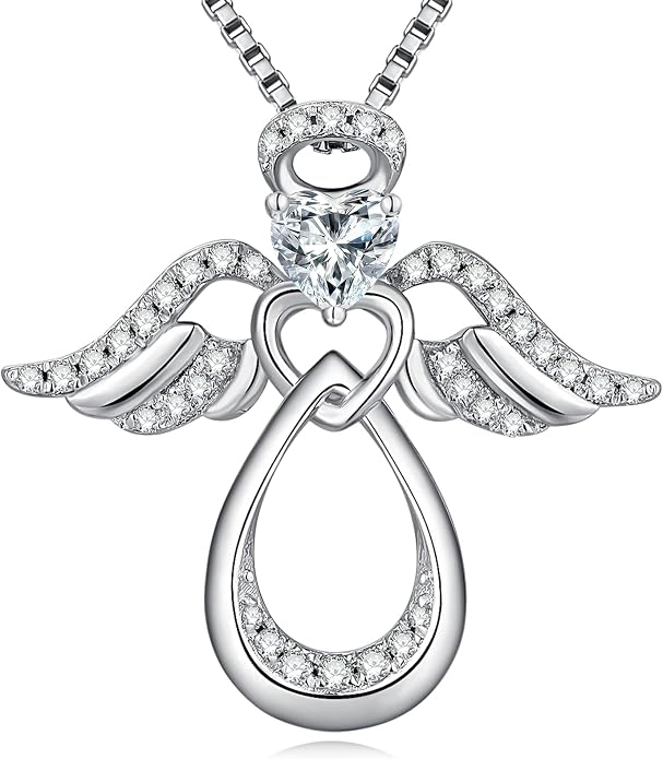 925 Sterling Silver Guardian Angel Pendant Necklace for Women with Birthstone Cubic Zirconia Little Angel Pendant Necklace Jewelry 18 inch Chain