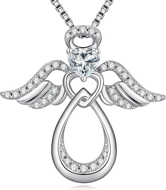 925 Sterling Silver Guardian Angel Pendant Necklace for Women with Birthstone Cubic Zirconia Little Angel Pendant Necklace Jewelry 18 inch Chain