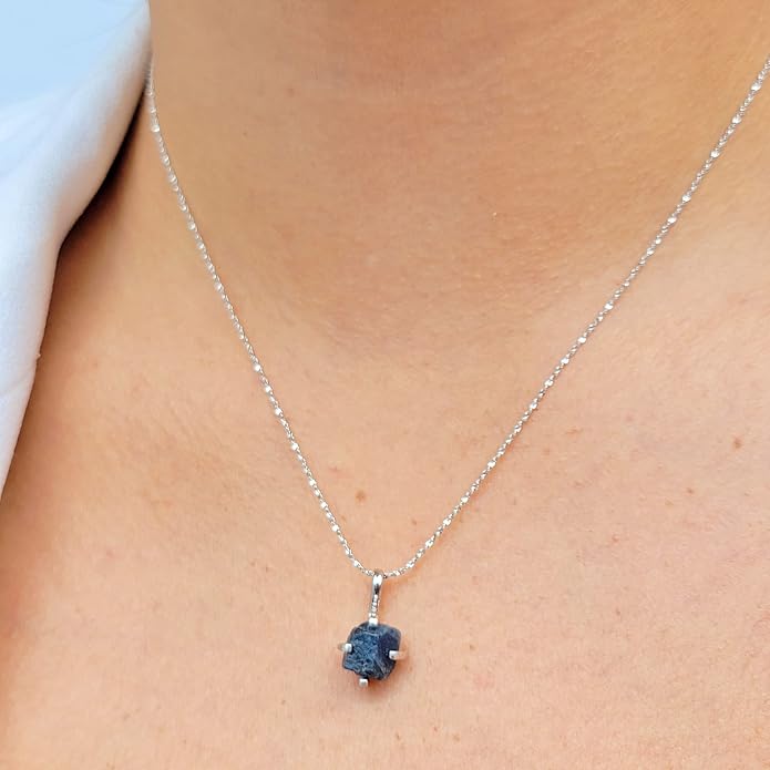 Natural raw gemstone pendant chain necklace with white gold over 925 solid sterling silver, birthstone dainty solitaire gift for her, uniquelan jewelry