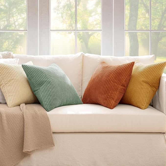 MIULEE Boho Farmhouse Throw Pillow Covers 18x18 Inch Set of 4 Summer Modern Natural Decorative Cushion Covers Soft Corduroy Fall Decor for Couch Bed Sofa Living Room Orange Teal Gradient Series