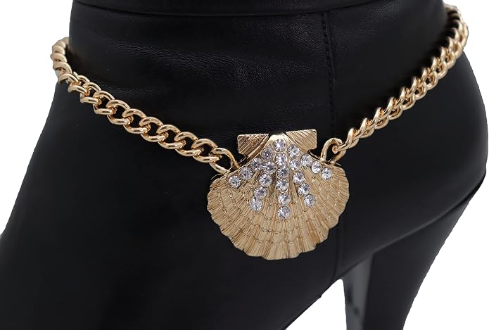 Women Western Fashion Jewelry Gold Metal Boot Chain Bracelet Shoe Anklet Bling Seashell Charm Vacation PAIR BC151