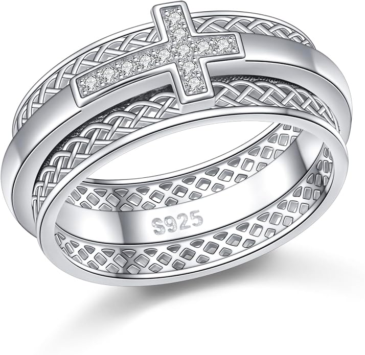 Alphm S925 Sterling Silver Spinner Fidget Anxiety Worry Relieving Boredom ADHD Autism Band Rings