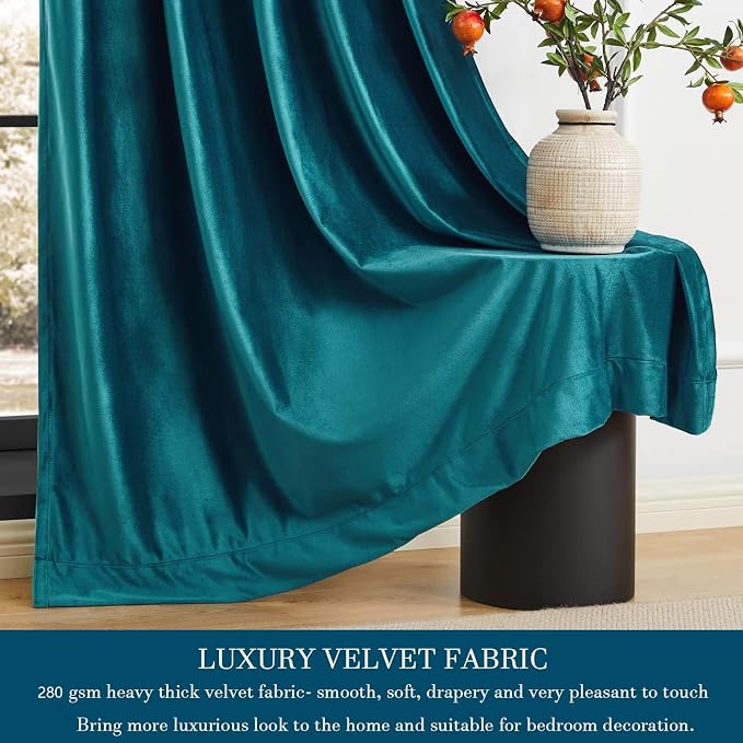 PRIMROSE Teal Velvet Curtains 72 inches Long for Living Room,Luxury 2 Panels Room Darkening Rod Pocket Back Tab Curtain Elegant Thermal Insulated Heavy Soundproof Decorative Window Drapes for Bedroom
