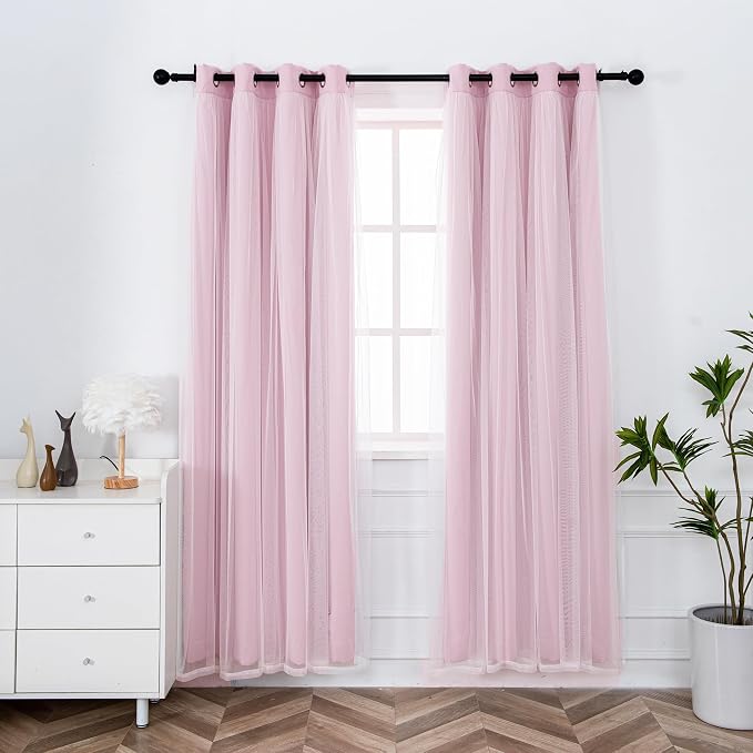 INLINAS Pale Pink Blackout Curtains with Sheer Overlay - Grommet Top Thermal and Noise Reduction Panels for Bedroom and Living Room Light Blocking and Energy Saving, 52 x 108 Inches, Set of 2