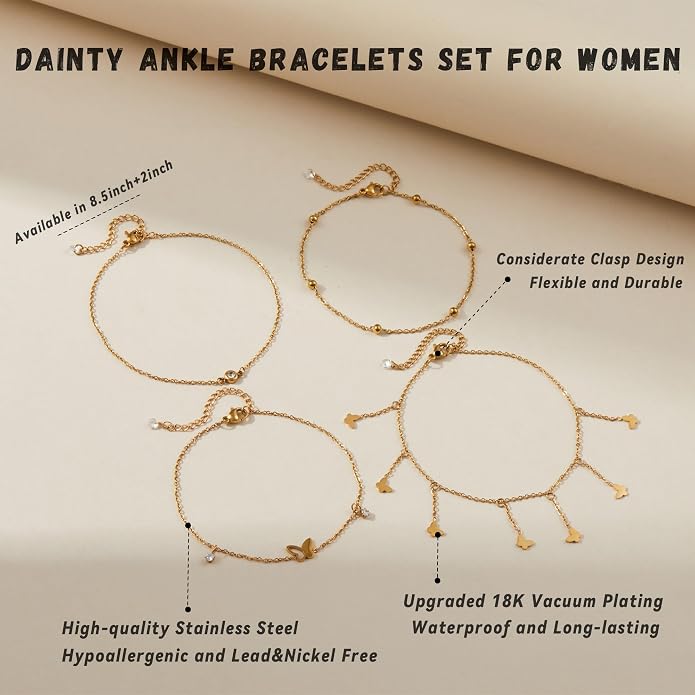 LOFITOR Ankle Bracelets for Women Glitter Waterproof Adjustable Anklet Set for Women 18K Gold Plated Silver Charm Dainty Layered Anklets, Summer Beach Anklet Jewelry for Women