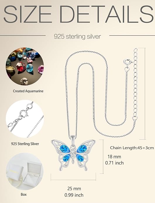 Butterfly Necklace 925 Sterling Silver Celtic Knot Pendant Teardrop Birthstone Twisted Jewelry for Women