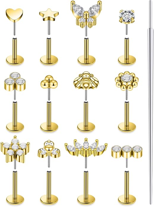 14K Gold Filled 20G 18G 16G Threadless Flat Back Earrings Studs Surgical Stainless Steel Clear CZ Push In Nose Rings Studs Tragus Helix Conch Cartilage Earrings Piercing Jewelry For Women Men