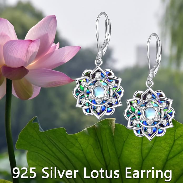 Lotus Earrings Sterling Silver Lotus Flower Dangle Drop Earrings Yoga Jewelry Gifts for Women