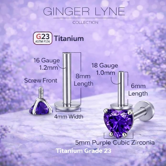 Titanium Heart CZ Labret Stud Earrings for Piercings by Ginger Lyne 6Pc Set G23 Screw Front Flat Back Body Jewelry 2 pair post 6mm, 8mm Cartilage, Helix, Tragus, Lip, Conch, Lobe