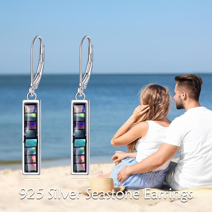 CRMAD Abalone Shell Bar Earrings for Women Sterling Silver Leverback Earrings Abalone Jewelry Gift
