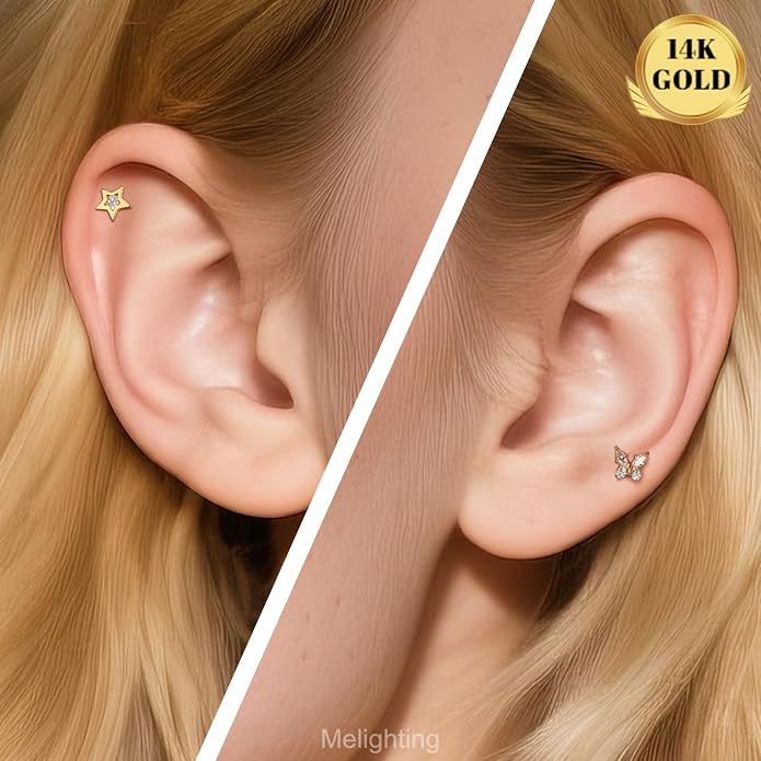 Melighting 14k Solid Gold Cartilage Earring 16G Internally Threaded Butterfly Flat Back Helix Piercing Jewelry Clear CZ Tragus Conch Stud for Women 6/8 mm