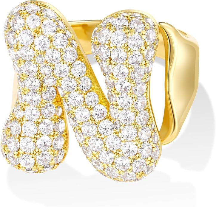 KissYan Bubble Initial Ring for Women, 14K Gold Plate Balloon Jumbo Letter Rings Open Adjustable Dainty Pave CZ Personalized Fashion Jewelry Gift for Mother's Day