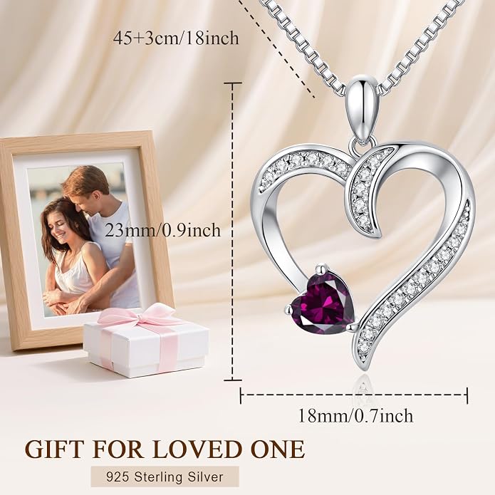 Love Heart Necklace for Women, 925 Sterling Silver Cubic Zirconia Birthstone Heart Pendant Jewelry Gift for Mom, Mother, Wife, Girlfriend on Birthday, Mother's Day, Chain 18 inch