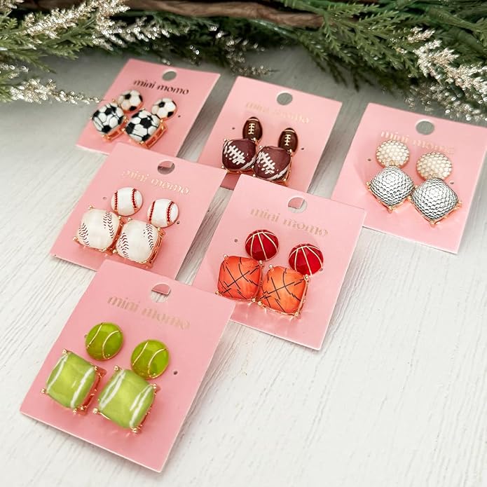 Sports Earring Set for Women Multi Pairs Assorted Multipack - Stud Earrings Jewelry Gift for Sports Mom Football, Baseball, Basketball, Soccer Team
