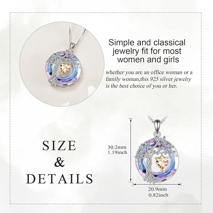 POPLYKE Mothers Day Gifts for Mom Her Wife Tree of Life Necklace 925 Sterling Silver Birthstone Pendant with Crystal Anniversary Birthday Wedding Jewelry for Women