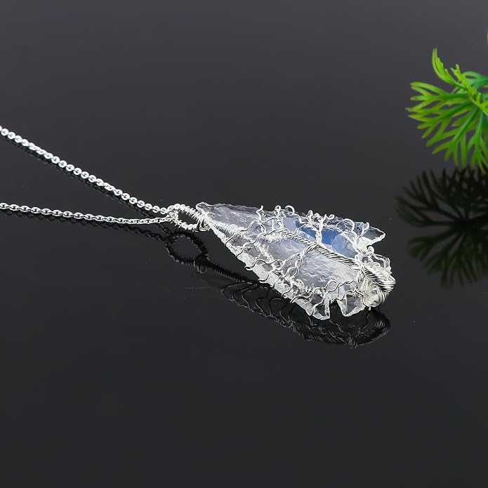 Silver Plated Wire Wrapped Pendant Necklace, Sea Glass Stones, Handmade Jewelry, Healing Crystals, Hammered Pendant, Birthday Gift for Women, Adjustable Chain 16+2inch