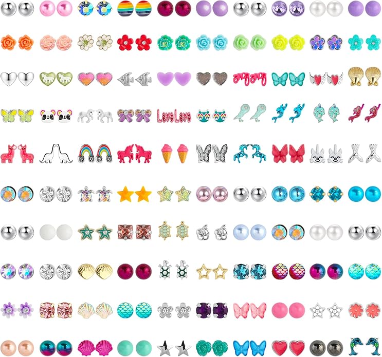 NEWITIN 100 Pairs Colorful Cute Earrings for Girls Sensitive Ears Hypoallergenic Girl Stud Earrings Set Stainless Steel Cartoon Stud for Girls and Women