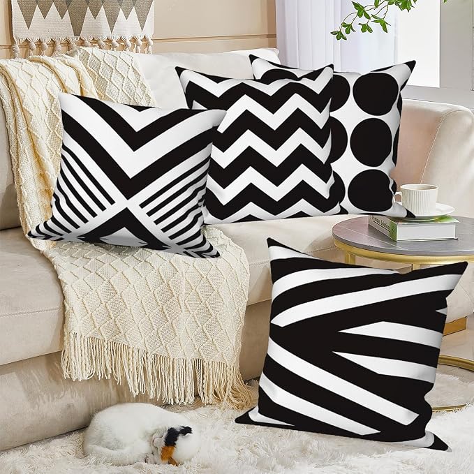4 Pcs/Set Geometric Pillow Covers Black Winding Strips Circle Minimalist Geometry Retro Line Linen Throw Pillow Covers for Sofa Bedroom Outdoor Decorative, 22"x22", Black White