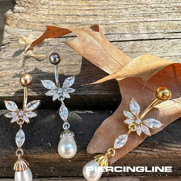 PIERCINGLINE surgical steel dangle belly button piercing with butterfly + synthetic pearl - belly button ring surgical steel, gold, silver, rosegold piercing - new version with improved durability