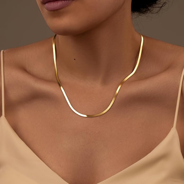 WomenGifts 14K Gold Silver Plated Herringbone Necklace for Women, Dainty Snake Chain Choker, Trendy Simple Long Layered Jewelry Non Tarnish, 3/4/5/8mm,14,16,18,20,22,24,26 Inch Thin & Chunky Options