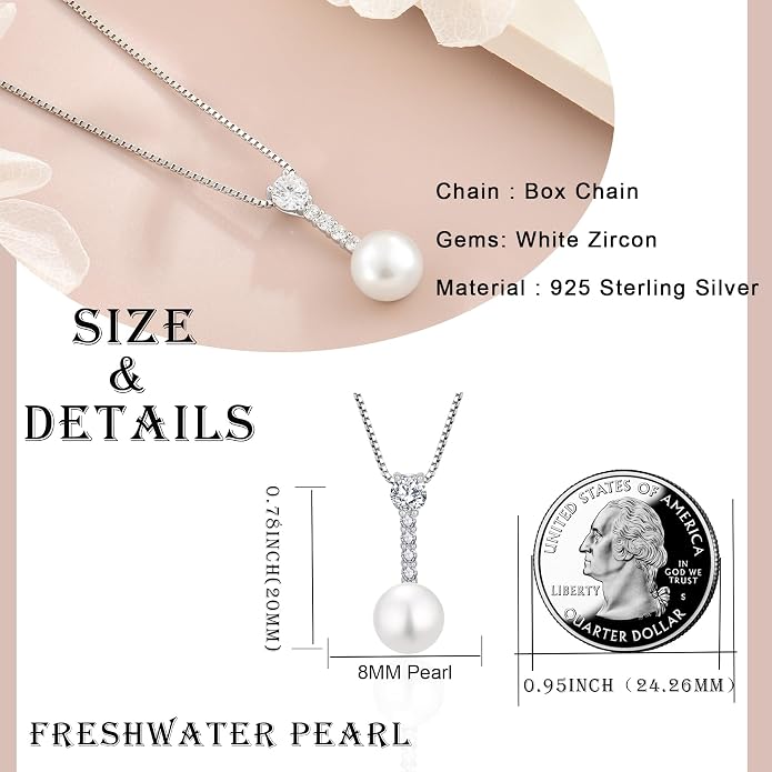 Pearl Necklace for Women, 925 Sterling Silver Dainty Round Freshwater Pearl with 5A Zircon Pendant Ideal Birthstone Jewelry Gifts for Her