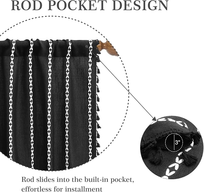 ColorBird Black Linen-Textured Boho Curtains 84 Inches Long for Bedroom Living Room 2 Panels Linen Curtain & Drape Room Darkening Embroidered Striped Window Treatment