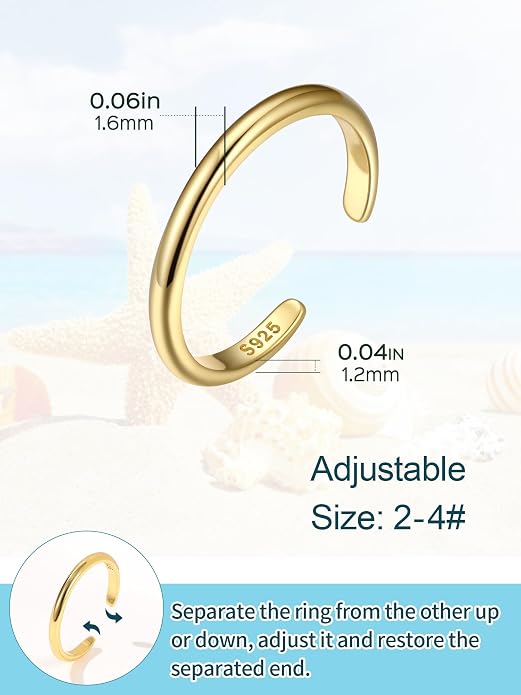 ChicSilver Sterling Silver Toe Rings for Women 14K Gold Plated Toe Rings for Women Open Adjustable Toe Ring for Women Toe Jewelry for Summer Beach
