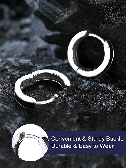 Bandmax 925 Sterling Silver Black Huggie Hoop Earrings 10mm Small Hypoallergenic Cartilage Piercing Jewelry for Women Men Gift