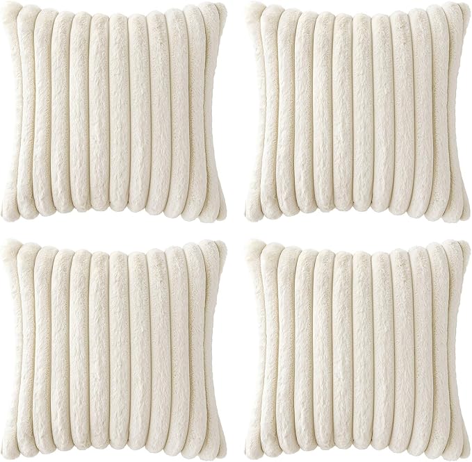 MIULEE Faux Fur Plush Decorative Throw Pillow Covers 20x20 Set of 4, Spring Modern Soft Fuzzy Striped Cushion Covers for Sofa Couch Bed Living Room Cozy Home Decor,Cream White