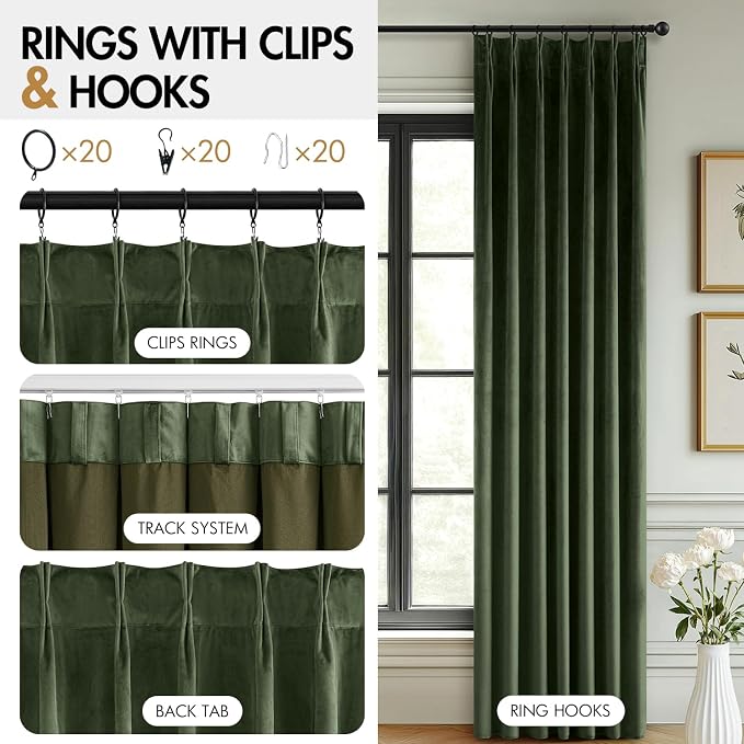 MIULEE Olive Green Velvet Curtains 90 inches Long, Pinch Pleated Blackout Drapes with Hooks, Thermal Insulated Pinch Pleat Panels for Bedroom Living Room, 2 Panels