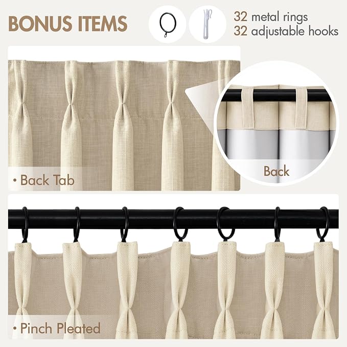 MIULEE Pinch Pleated 100% Blackout Curtains 40"x90" Long Cream 4 Panels Set | Thick Linen, Memory Trained Pleat, Back Tab Double Layer Drapes, Thermal Insulated, Curtain for Bedroom Living Room Darkening