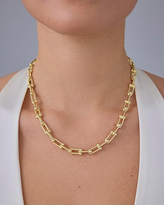 PAVOI 14K Gold Plated Chunky Chain Choker Necklaces for Women | Gold Statement Graduated Link Chain Necklace | Bold Oval Link Barbell Links Paperclip Chains