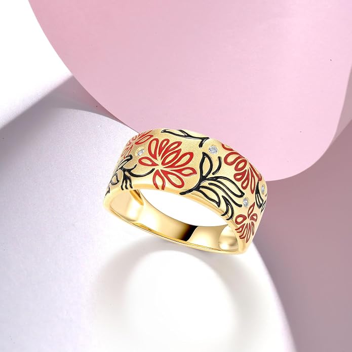 Santuzza 925 Sterling Silver Enamel Flower Pattern Ring for Women