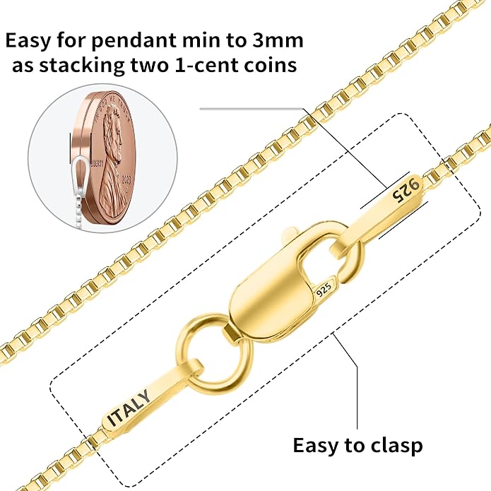 ASHINE 18K Gold Box Chain Necklace for Women, 1mm Italian Lobster Clasp Chains, Dainty & Sturdy Necklace with Silver Polishing Cloth Available in 16-36 Inch