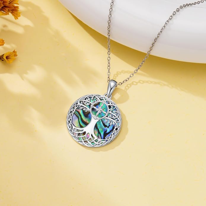 Tree of Life Necklace 925 Sterling Silver Abalone Shell Celtic Knot Tree Pendant Necklace Jewelry Gifts for Women Birthday Christmas
