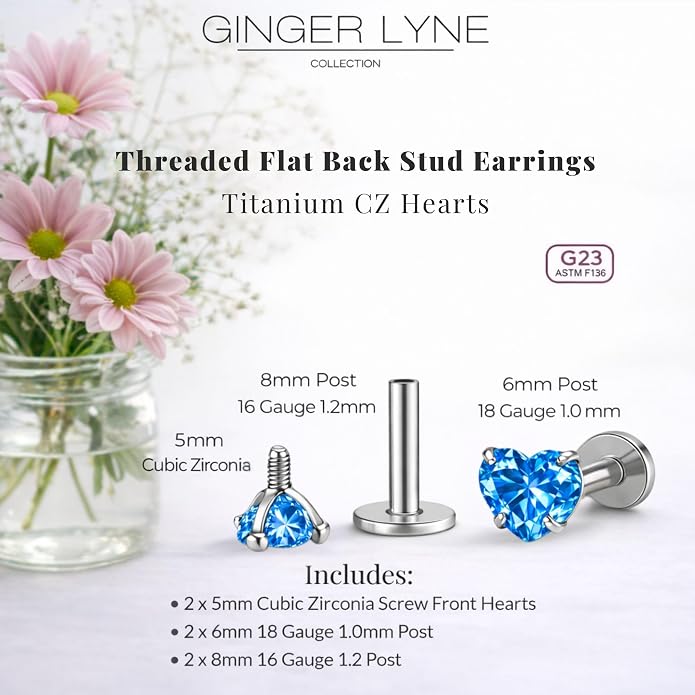 Titanium Heart CZ Labret Stud Earrings for Piercings by Ginger Lyne 6Pc Set G23 Screw Front Flat Back Body Jewelry 2 pair post 6mm, 8mm Cartilage, Helix, Tragus, Lip, Conch, Lobe