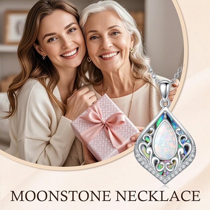 HPQQ Filigree Gemstone Necklace 925 Sterling Silver Teardrop Bohemian Necklace Abalone Shell Jewelry Birthday Gifts for Women