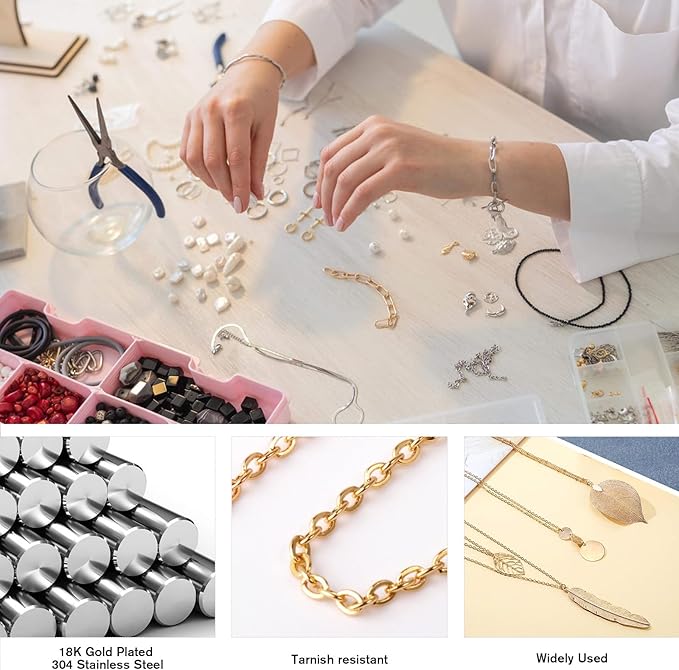 33 Feet 18K Gold PVD Plated Stainless Steel Cable Chain Bulk, 2mm 304 Stainless Steel Flat Cable Link Chains Roll Spool for Jewelry Making Necklace DIY Craft