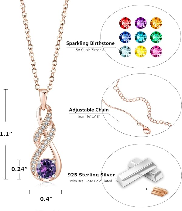 Birthstone Necklaces for Women 925 Sterling Silver Infinity Pendant Created Gemstone Jewelry for Her, 16"+2"