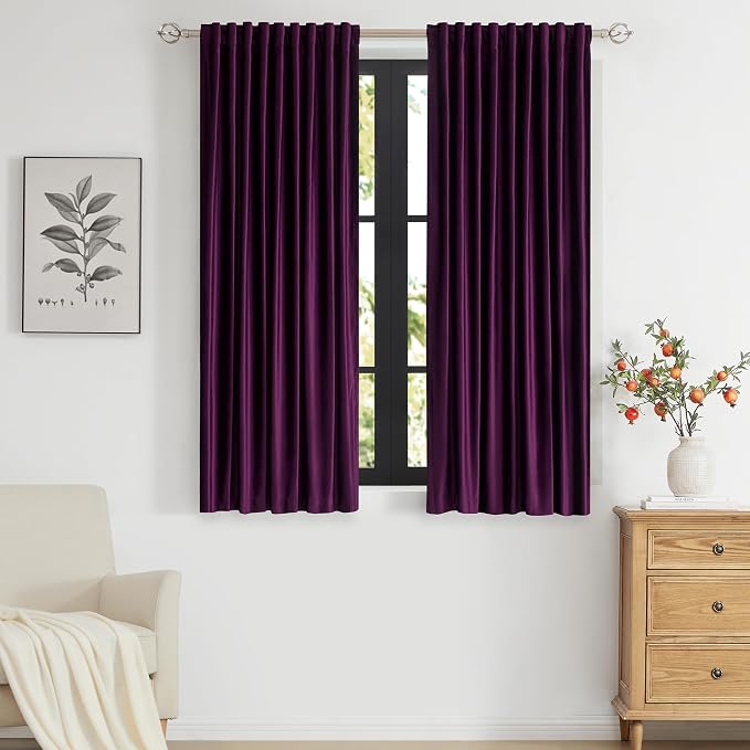 PRIMROSE Purple Velvet Curtains 63 inch Long for Living Room,Set of 2 Panels Blackout Rod Pocket Back Tab Window Treatment Room Darkening Heavy Decorative Curtains Drapes for Bedroom